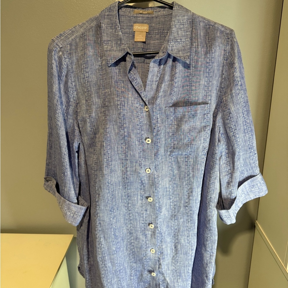 Chico's Casual Blue Button-Down Shirt Women's size 10